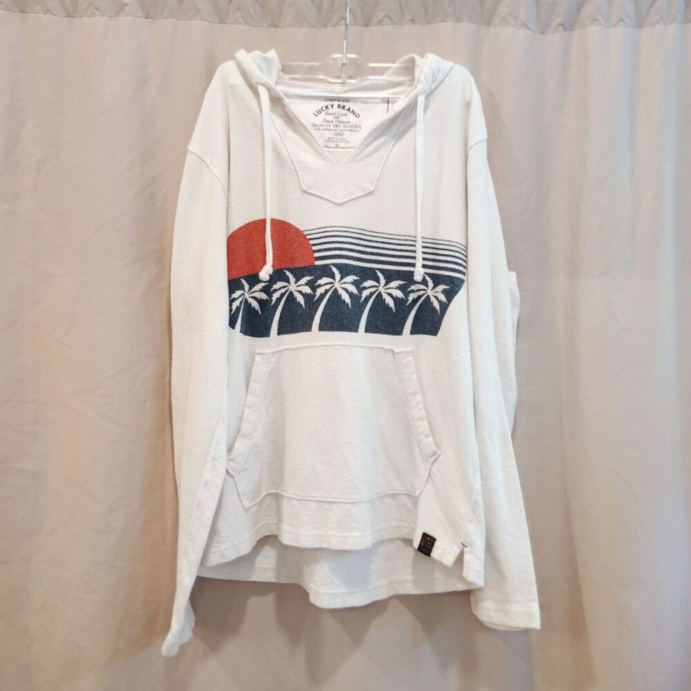 Lucky Brand Men’s Palm Tree Sun Graphic Hoodie – Cream/Off-White – Size Medium